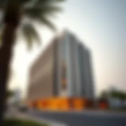 Exterior view of Al Attar Business Tower showcasing its unique architectural design