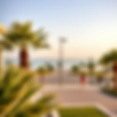Breathtaking Scenery of Al Mamzar Beach Park Scenic view of Al Mamzar Beach Park with palm trees and beach