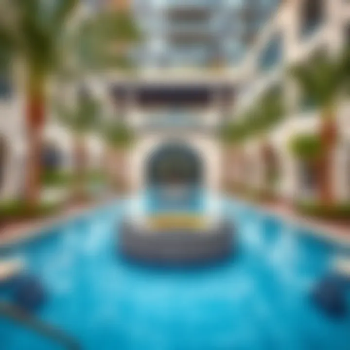 Outdoor amenities at Al Rayyan Complex including pools and gardens