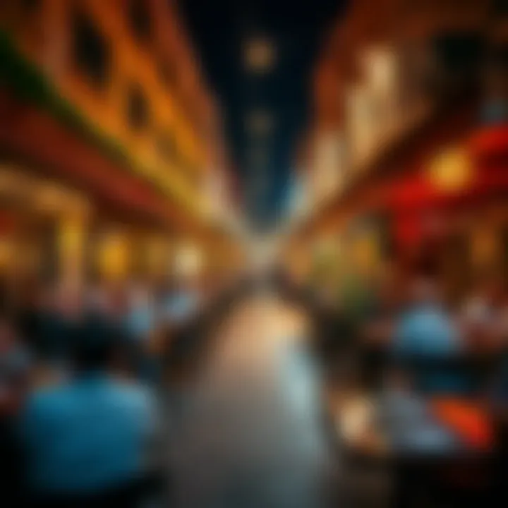 A bustling street scene in Al Warqa filled with diners enjoying their meals at various restaurants.