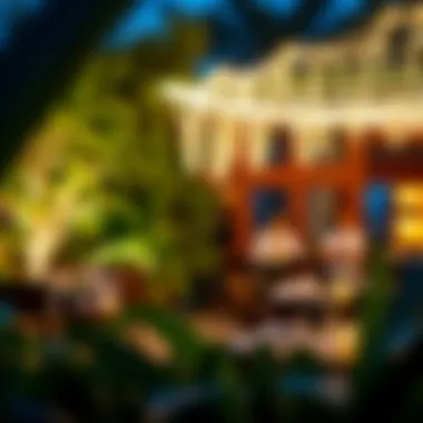 A stunning outdoor dining venue with twinkling lights and lush greenery, exuding a magical ambiance.