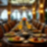 A beautifully arranged table featuring traditional Arabian dishes in an upscale restaurant setting.