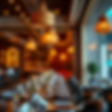 A vibrant atmosphere showcasing a fusion of traditional music and contemporary decor in a bustling restaurant.
