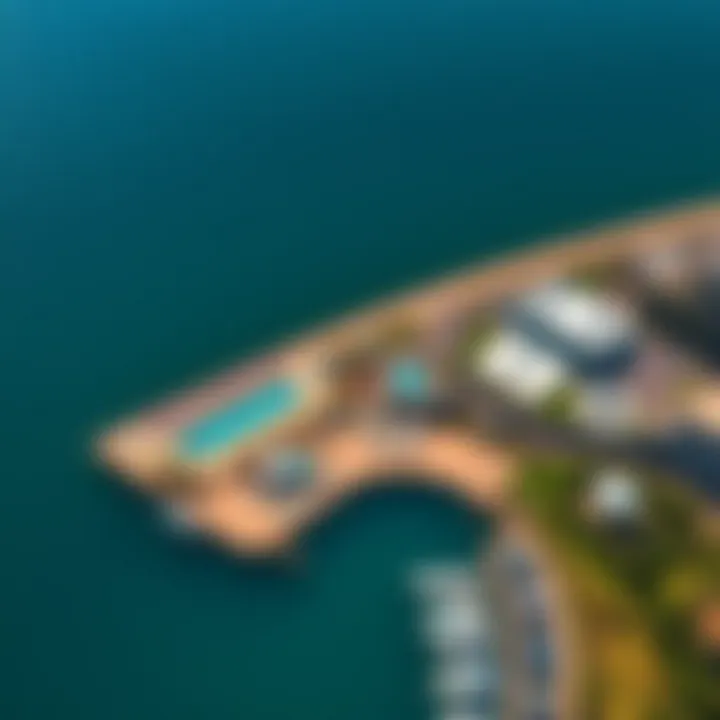 Aerial shot of the waterfront at Barasti Marina highlighting its recreational facilities and lush surroundings