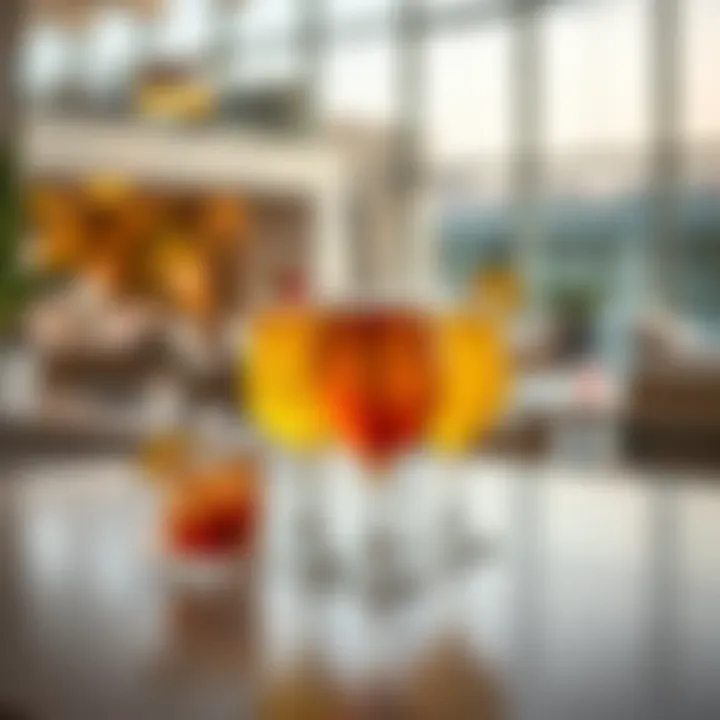 An elegant drink presentation featuring local beverages with a backdrop of a stylish Al Warqa venue.