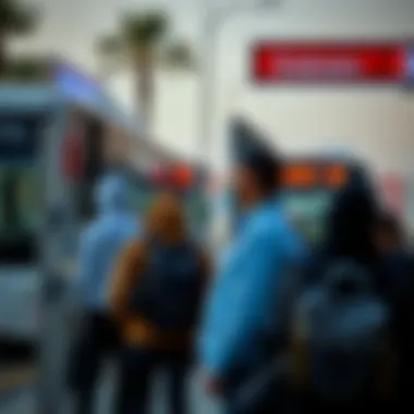 Travelers at Dubai Bus Stop A group of travelers waiting at a bus stop in Dubai for the Emirates bus.