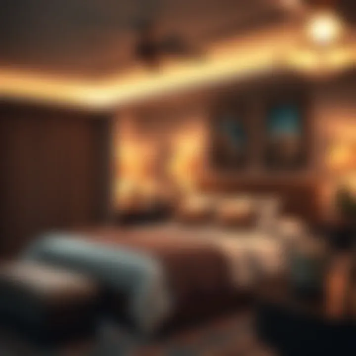 Elegant and Warm Bedroom Ambiance Warm bedroom with elegant lighting and cultural decor