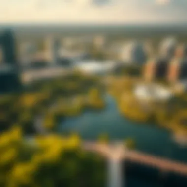Urban Oasis Aerial view showcasing the integration of Crystal Lake within the urban landscape