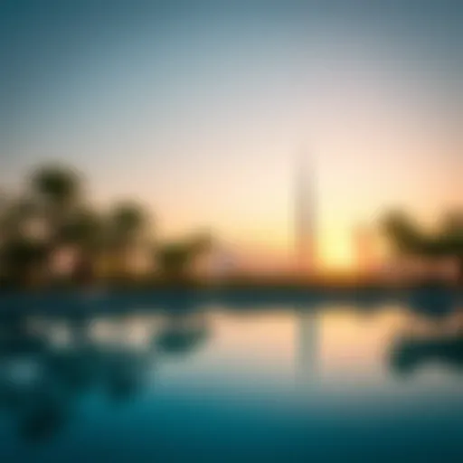 Serene view of Crystal Lake reflecting the skyline of Dubai