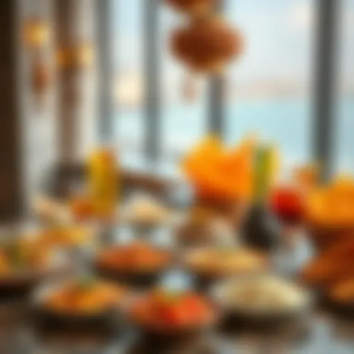 A vibrant table setting showcasing an assortment of traditional and modern dishes from Al Warqa.
