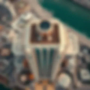 Aerial Perspective of Dar Al Riffa's Unique Structure Aerial view showcasing the architectural design of Dar Al Riffa building