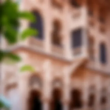 Detailed Examination of the Facade's Architectural Features Close-up of the intricate facade details of Dar Al Riffa