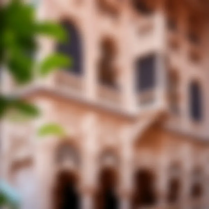 Detailed Examination of the Facade's Architectural Features Close-up of the intricate facade details of Dar Al Riffa