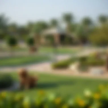 Landscaped dog park with amenities A beautifully landscaped dog park with various amenities