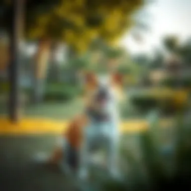Serene setting of a dog park A serene dog park setting with lush greenery