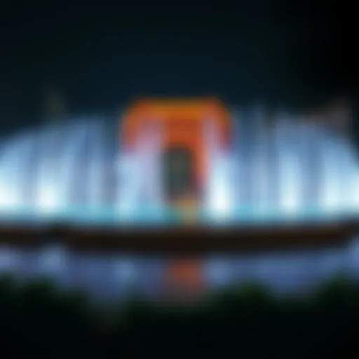 A panoramic view of the Dubai Fountain illuminated at night