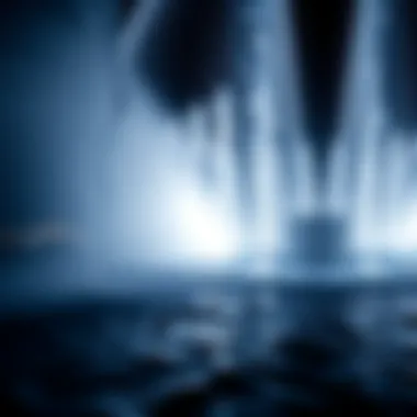 Close-up of water jets synchronized with light in the fountain