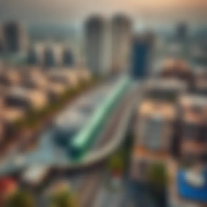 Aerial view of a Dubai Metro Green Line station surrounded by urban development