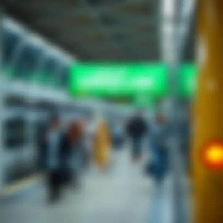 Exterior view of a bustling Dubai Metro Green Line station during peak hours