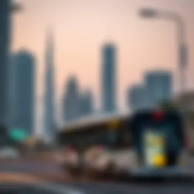 Modern Bus Stop Amidst Dubai Skyline Dubai skyline with bus stop