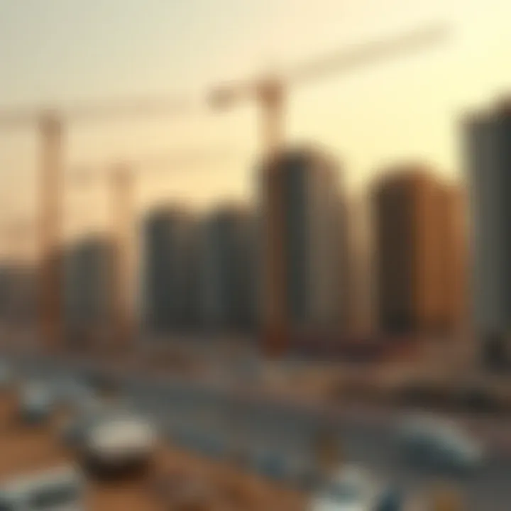 Construction site with cranes and modern buildings in progress