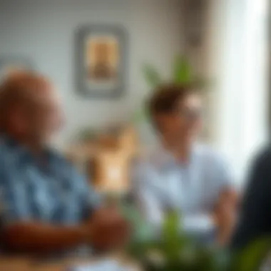 Happy clients discussing their moving experience with professionals