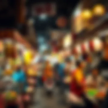 A bustling market scene filled with street food vendors