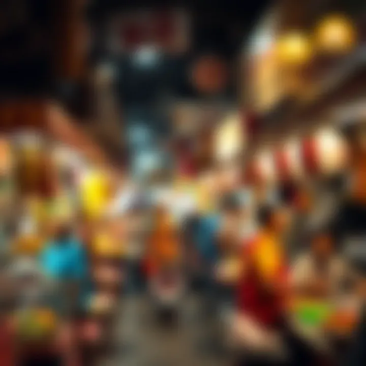 A bustling market scene filled with street food vendors