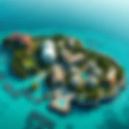 Aerial view of Blue Water Island showcasing its unique architecture and layout