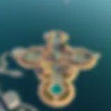 Aerial view of بلوواترز Island showcasing its unique shape and layout