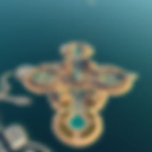 Aerial view of بلوواترز Island showcasing its unique shape and layout