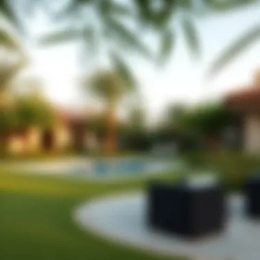 Lush Greenery in Dubai Bungalow Communities Relaxing community setting with lush greenery surrounding bungalows in Dubai