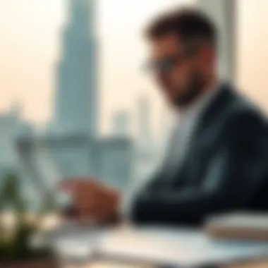Business Analysis in Dubai A businessman analyzing financial data on a tablet with Dubai's skyline in the background