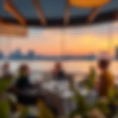 Dining with a Waterfront View Diners enjoying a meal with a stunning waterfront view