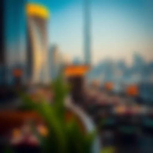 A stunning view of Dubai's skyline with restaurants in the foreground showcasing diverse cuisines.