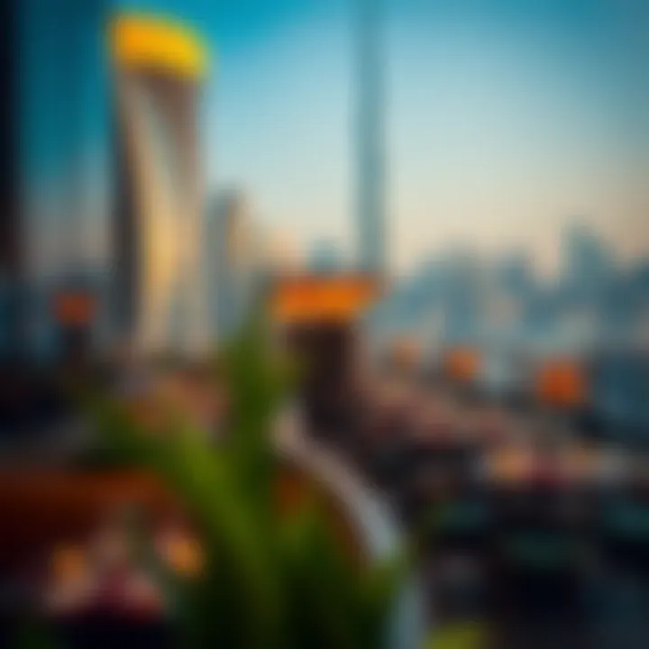 A stunning view of Dubai's skyline with restaurants in the foreground showcasing diverse cuisines.