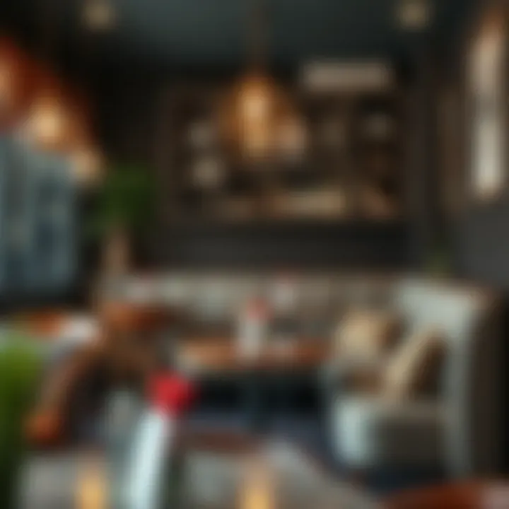 A stylish cafe interior with dog-themed decor and comfy seating