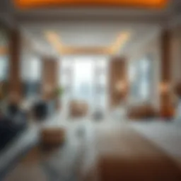 A luxurious hotel room showcasing modern design elements.