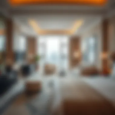 A luxurious hotel room showcasing modern design elements.