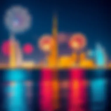 Iconic Landmarks Illuminated by Fireworks Dubai's iconic landmarks featured in the fireworks show