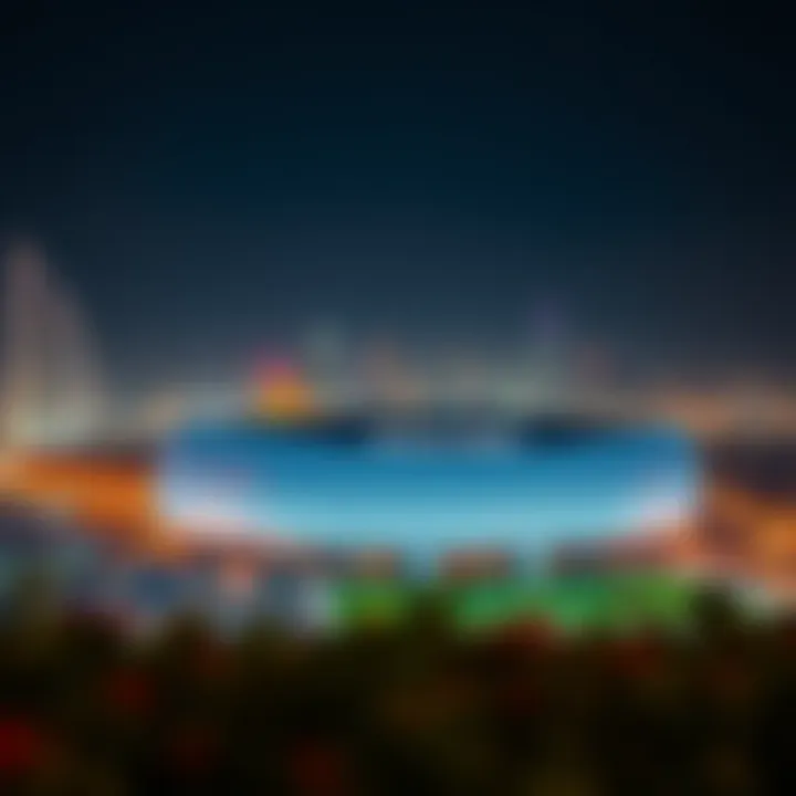 Etihad Arena illuminated at night with Dubai skyline
