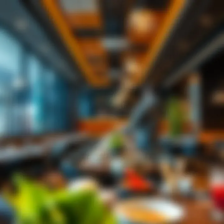 Interior shot of a vibrant dining area filled with diverse culinary offerings at Hokka Dubai Mall.