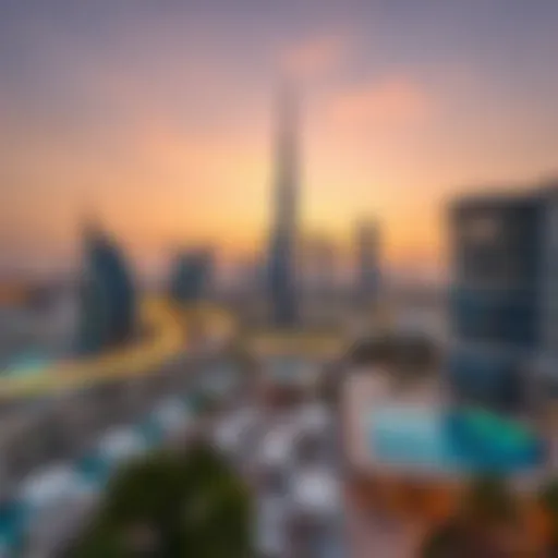 Luxury hotel overlooking Dubai skyline at sunset