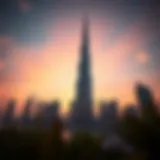 The Burj Khalifa towering over Dubai's skyline at sunset