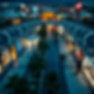 Aerial view of an outlet village showcasing various brand stores