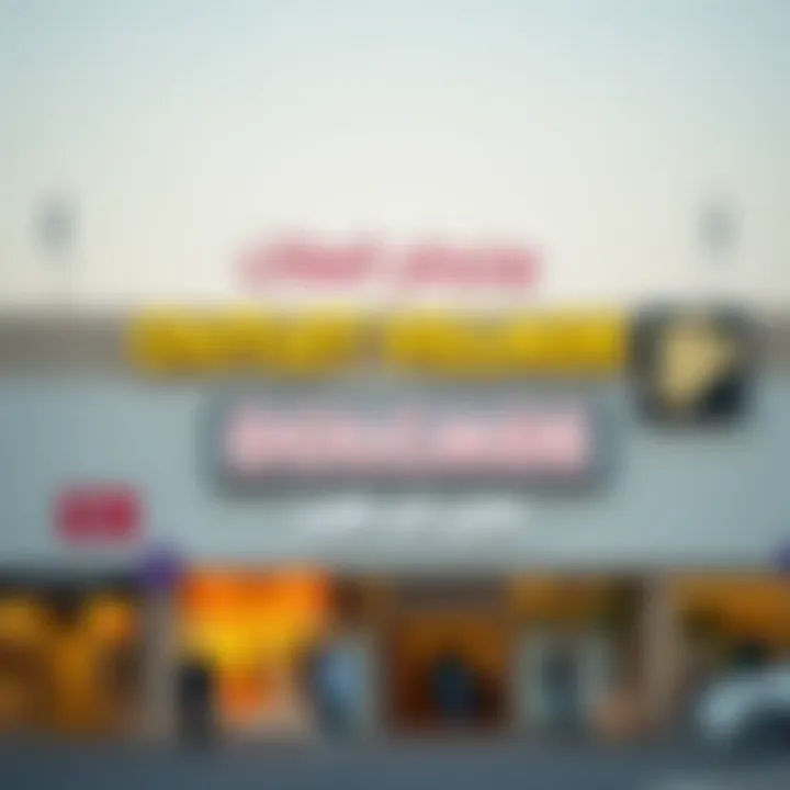 Brand signage and logos prominently displayed in an outlet village