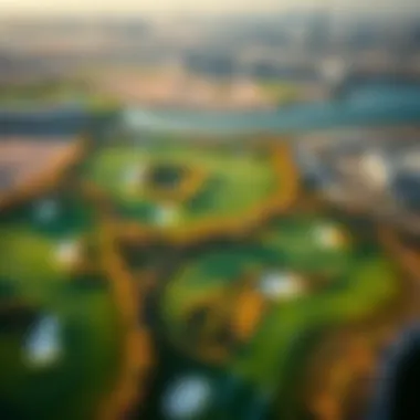Aerial shot of a top-tier golf course surrounded by Dubai's skyline