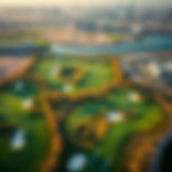 Aerial shot of a top-tier golf course surrounded by Dubai's skyline