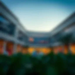 Exterior view of a premium outlet mall showcasing luxury brands