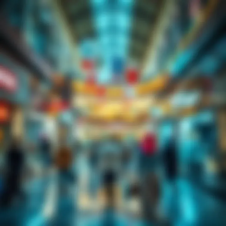 A vibrant shopping scene inside a premium outlet mall